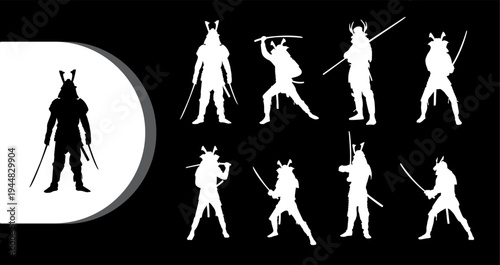 A collection of samurai silhouettes in various poses on a black background