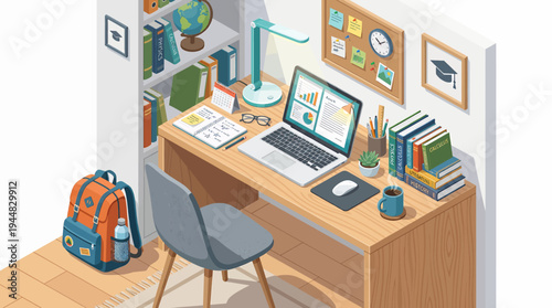 A well-equipped home study desk with a laptop, books, and backpack, creating an organized learning environment for students