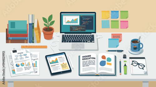 A well-organized study desk with a laptop displaying code, a tablet, books, and documents, suggesting a productive work or learning environment