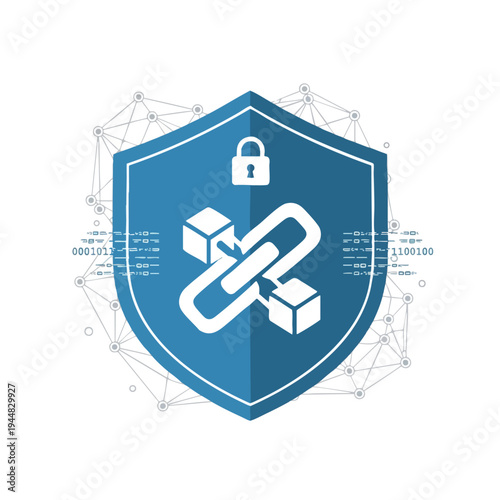 Blue shield with padlock and chain link icons, surrounded by network nodes and binary code