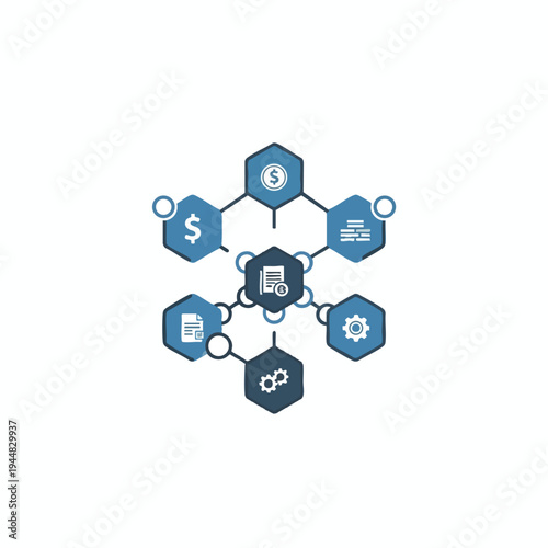 Abstract network of hexagons with financial and mechanical icons