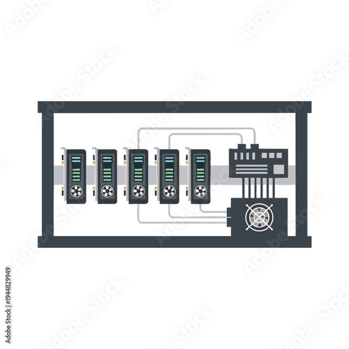 Network rack with servers, cooling fan, and control unit