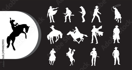 A collection of white and black cowboy silhouettes on a dark background