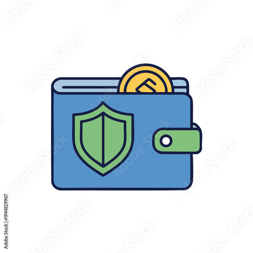 Blue wallet with green shield and coin, representing financial security