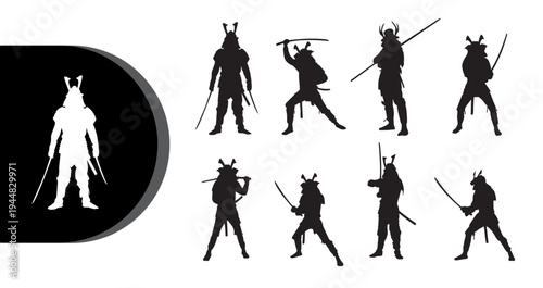 A collection of samurai silhouettes in various poses on a white background