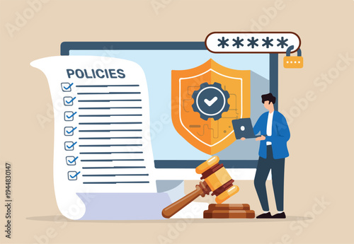 Flat illustration of man developing cybersecurity policies with security shield and gavel.