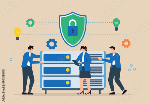 Flat illustration of three people building secure network around server to prevent cyberattacks with encryption and cybersecurity protocols