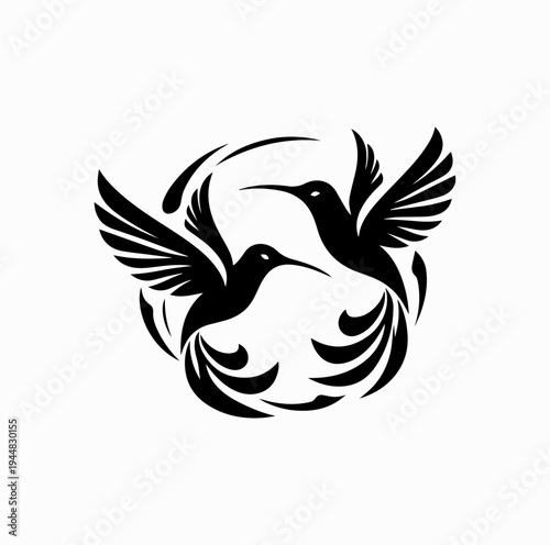 Two Hummingbirds Flying Circular Silhouette Elegant Bird Nature Design