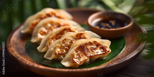 Artfully arranged golden-brown pan-fried dumplings, perfectly crisp and juicy, served with a savory dipping sauce on a vibrant green leaf, evoking a delightful culinary experience.