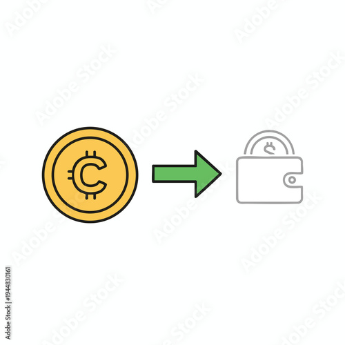 A yellow coin with a cent symbol transforms into a wallet icon, indicating transaction
