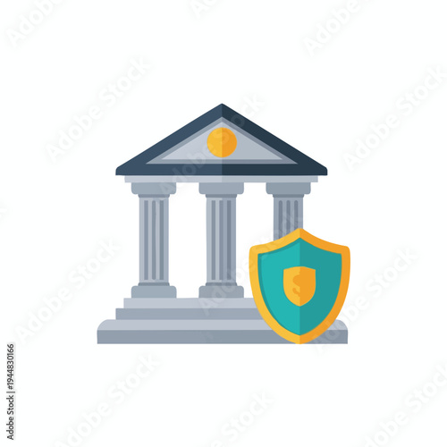 A stylized bank building with columns stands beside a shield with a dollar sign