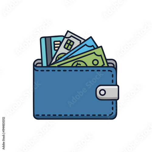 A blue wallet overflowing with cash and a credit card