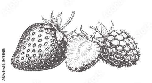 Black and white of a whole strawberry a halved strawberry and a raspberry fruit vintage