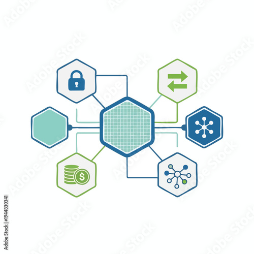Network diagram showing interconnected hexagons with icons for security, finance, and data