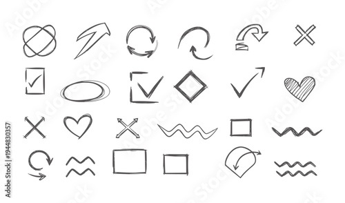 Collection of hand drawn sketchy geometric shapes and symbols arrow check cross heart