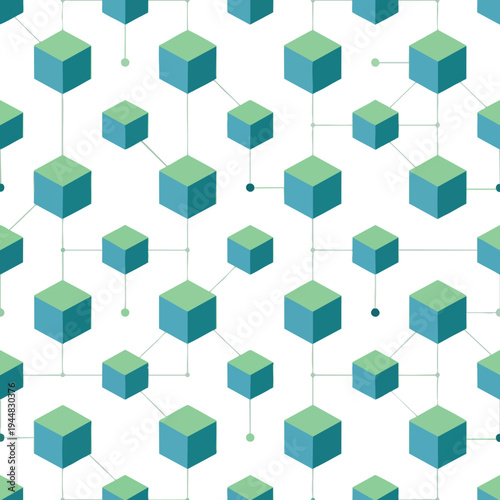 Repeating pattern of connected blue and green cubes on white background