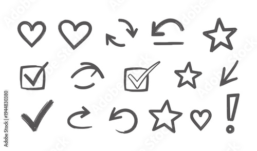 Hand drawn dark grey hearts stars checkmarks arrows exclamation mark