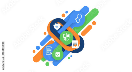 Abstract illustration of interconnected healthcare and insurance concepts, symbolizing security and well-being.
