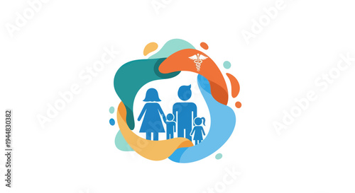 Abstract illustration of a family unit surrounded by colorful, fluid shapes and a medical caduceus symbol, representing healthcare and well-being.