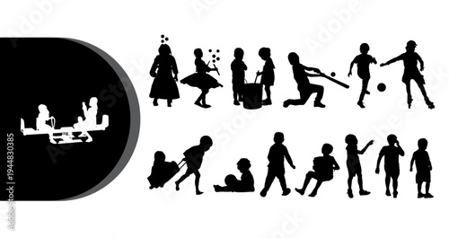 A collection of black silhouettes depicting children playing and engaging in various activities on a white background