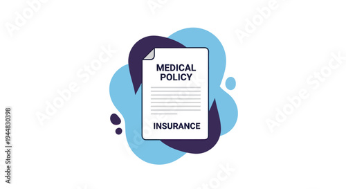 Illustration of a medical insurance policy document with abstract blue and purple shapes in the background.