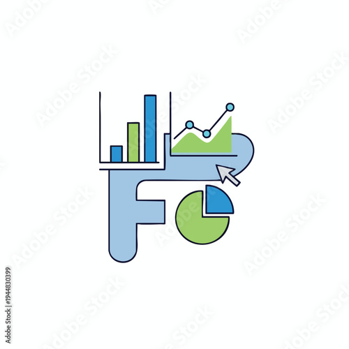 Graphic representations of bar, line, and pie charts form a stylized letter F