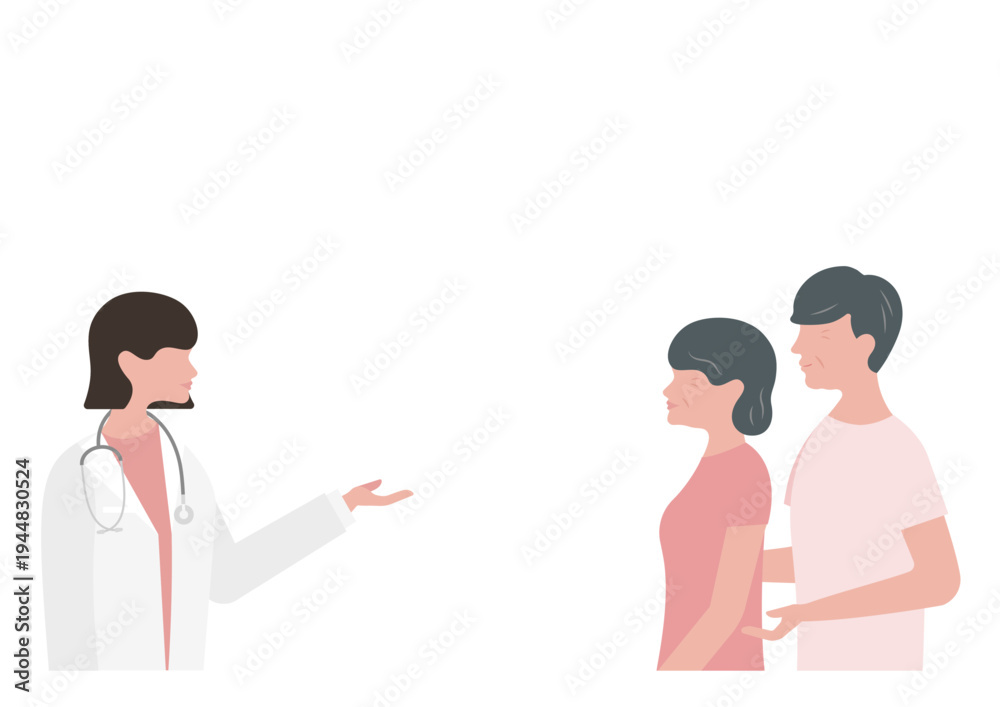 Fototapeta premium 高齢夫婦に医療説明をする女医のベクターイラスト素材（右向き）