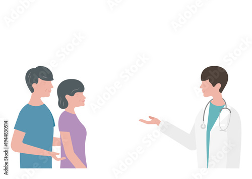 高齢夫婦に医療説明をする医師のベクターイラスト素材（左向き）