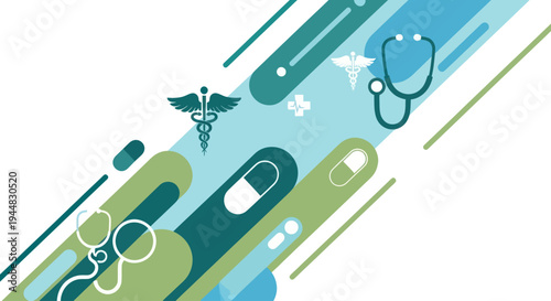 Abstract medical illustration featuring caduceus symbols, stethoscopes, and pills against a backdrop of diagonal lines and shapes in shades of blue and green.