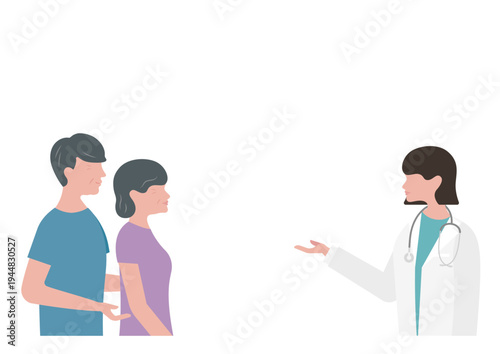 高齢夫婦に医療説明をする女医のベクターイラスト素材（左向き）
