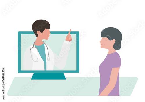 高齢女性にオンライン診療で指差し説明をする医師のベクターイラスト素材