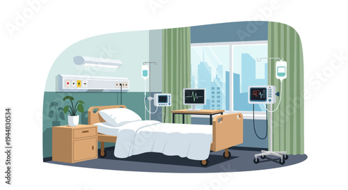 A modern hospital room with a patient bed, medical equipment, and a city view from the window.