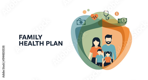 Illustration of a family protected by a health plan, symbolizing security and well-being.