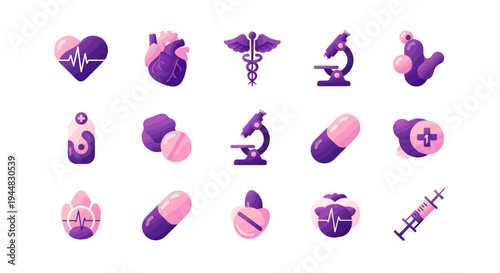 A collection of medical and healthcare-related icons, including a heart with a pulse, anatomical heart, caduceus symbol, microscope, pills, syringe, and other health symbols.