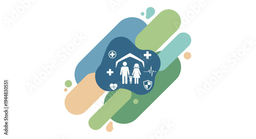 Abstract illustration representing family health insurance and protection with icons of people, a house, and medical symbols.