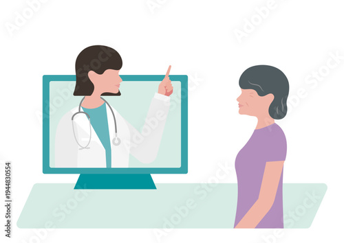 高齢女性にオンライン診療で指差し説明をする女医のベクターイラスト素材