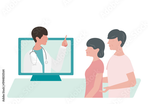 高齢夫婦にオンライン診療で指差し説明をする医師のベクターイラスト素材