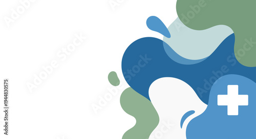 Abstract representation of healthcare and medical services with a prominent white cross symbol against a fluid, organic background of blue and green shapes.