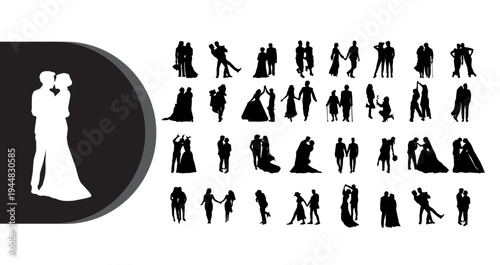 A collection of black and white silhouettes depicting romantic wedding scenes and couples in various poses.
