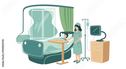 A nurse caring for a patient in a hospital room with an IV drip and a monitor.