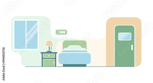 A minimalist illustration of a bedroom with a bed, nightstand, lamp, window, and door.