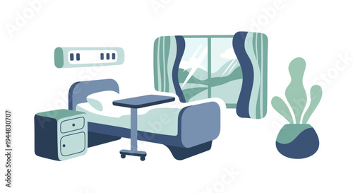 A clean and modern hospital room with a bed, bedside table, and a window overlooking a scenic landscape.