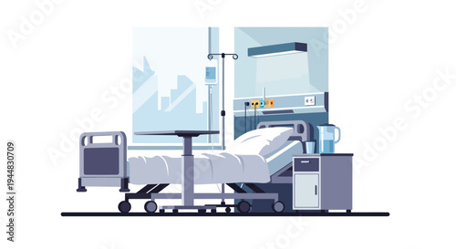 A modern hospital room with a patient bed, IV drip, and medical equipment, featuring large windows with a city view.