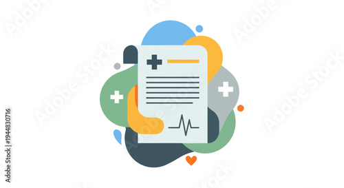 Abstract illustration of a medical document with a heartbeat line and plus signs, representing healthcare and wellness.
