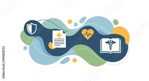 Abstract illustration of healthcare concepts including insurance, medical records, heart health, and medical knowledge.