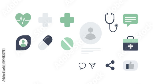 A collection of modern flat design medical and healthcare icons, including a stethoscope, pills, first aid kit, and patient symbols, alongside social media communication icons.