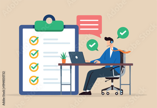 Flat illustration of operator of call center agent or customer service working in headphone and mic sitting at desk with laptop computer checklist and checkmark