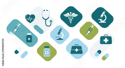 A vibrant collage of medical icons, including a stethoscope, heart monitor, syringes, pills, microscopes, and first-aid kits, arranged in a dynamic, scattered pattern against a white background.