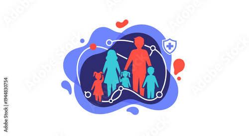 Illustration of a family silhouette within a protective shield, symbolizing health and life insurance coverage.