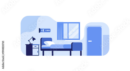 A minimalist illustration of a hospital room with a bed, nightstand, lamp, window, and door.